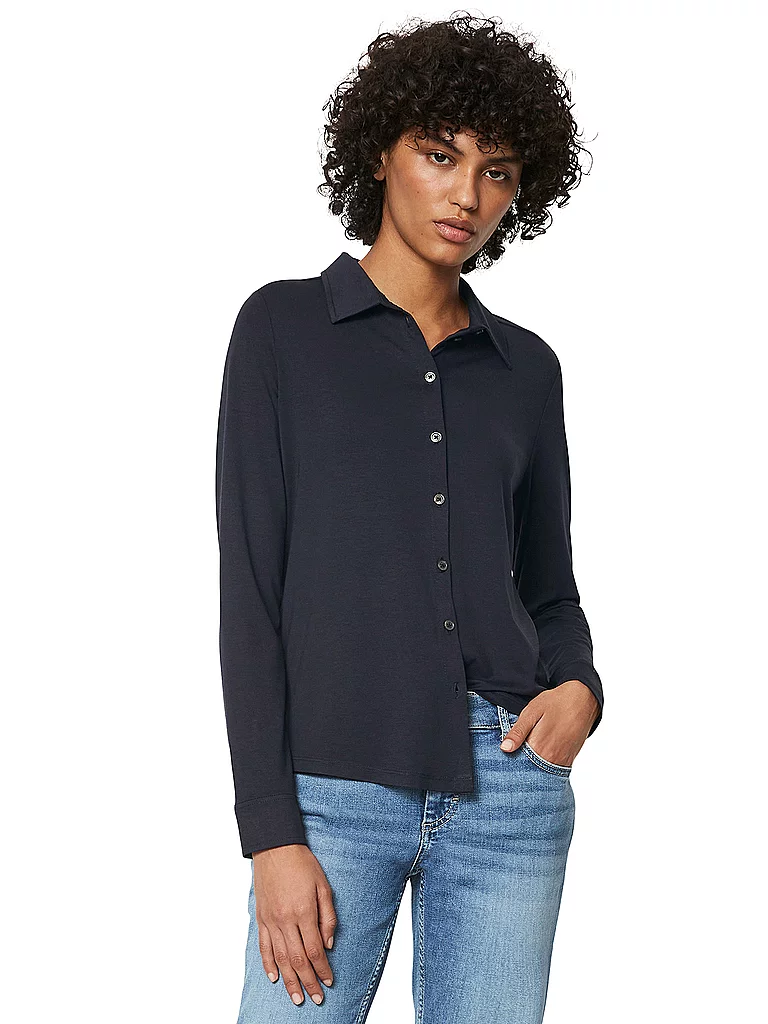 Blusenshirt MARC O'POLO, Damen, Gr. S, blau, Single Jersey, Obermaterial: 97% Viskose, 3% Elasthan, Basic, regular fit hüftlang, hoch geschlossener Ausschnitt, Manschette mit Knöpfen, Shirts Blusenshirt, im hüftlangen Schnitt 3